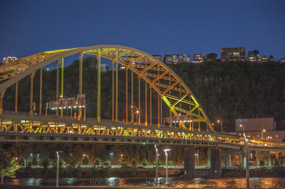 Illuminated bridge against sky at night