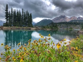 Scenic view of lake and mountains against sky