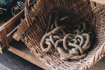 High angle view of wicker basket on table