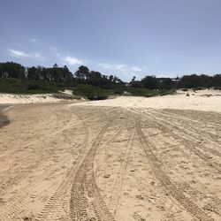 Tire tracks on sand at beach against sky