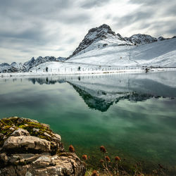 Scenic view of lake by snowcapped mountains against sky