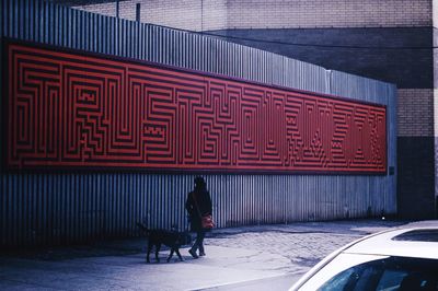 Rear view of man walking on road