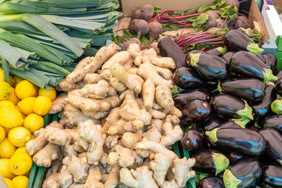 Ginger, eggplant and lemons for sale at a market