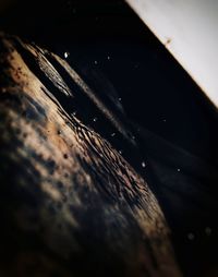 High angle view of rusty metal on wood at night