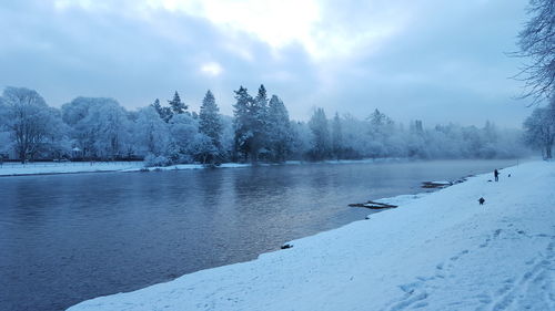 Scenic view of lake against sky during winter