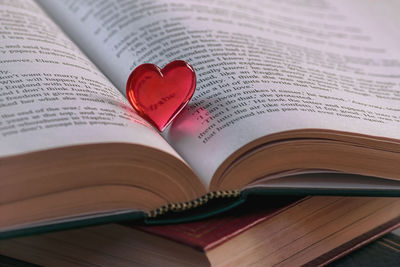 High angle view of book on table