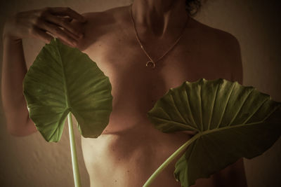 Midsection of shirtless woman standing by leaves