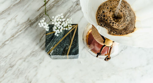 High angle view of coffee on table