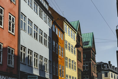 Low angle view of buildings against clear blue sky