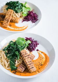 High angle view of food in plate on table