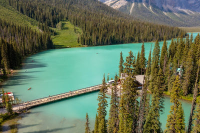 Part of lake in forest that rises into mountains. canada, valley of the ten peaks. soothing photo.