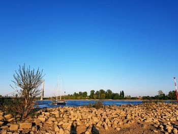 Scenic view of sea against clear blue sky