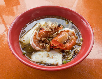 Directly above shot of soup in bowl on table