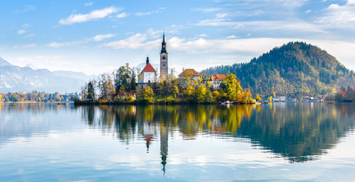 Reflection of trees in lake against sky