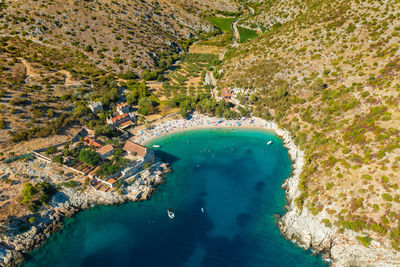 Aerial view dubovica beach and bay on hvar island, the adriatic sea, croatia