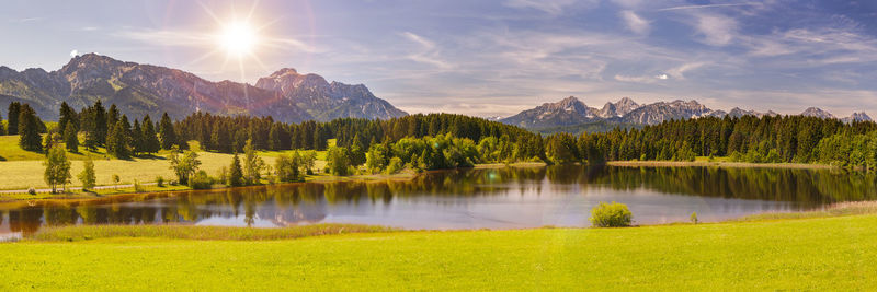 Scenic view of lake and mountains against sky