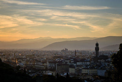 High angle shot of townscape against sky at sunset