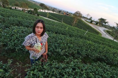 High angle view of thoughtful young woman with drink standing amidst plants on field during sunset