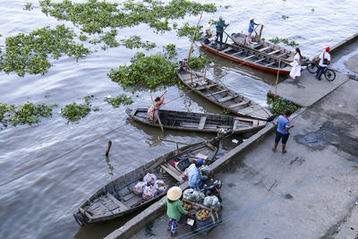 High angle view of people on footpath