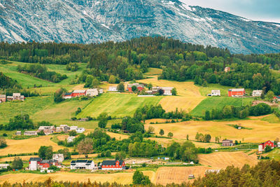 High angle view of houses and mountains