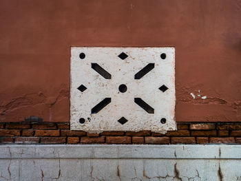 Close-up of face on brick wall