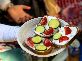 Close-up of hand holding food in plate