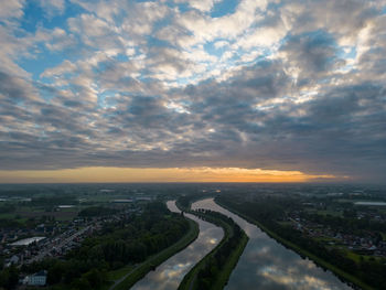 High angle view of cityscape against sky during sunset