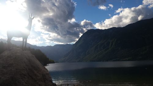 Calm countryside lake against mountain range