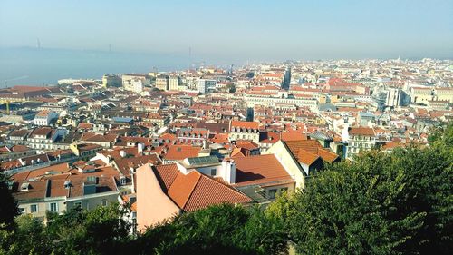 High angle view of town against sky