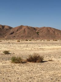 Scenic view of desert against clear blue sky