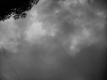 Low angle view of power lines against cloudy sky