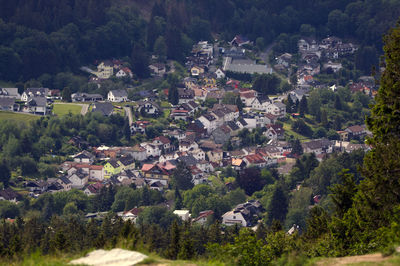 High angle view of townscape and trees
