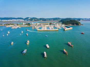 High angle view of boats in sea