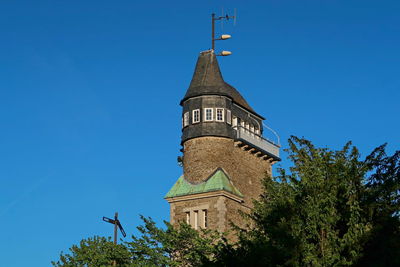 Low angle view of building against clear blue sky