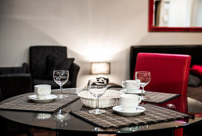 Close-up of tea served on table at home