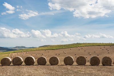 Hay bales on field against sky