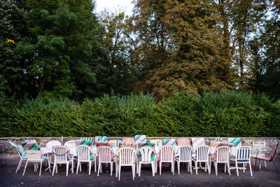 Chairs and table against trees