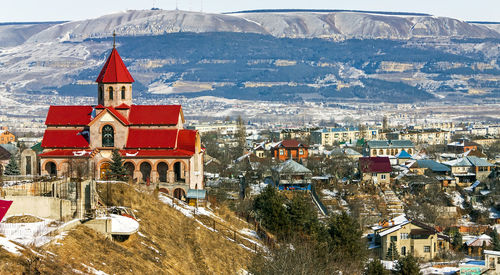 View of the armenian church and the city of kislovodsk,northern caucasus.