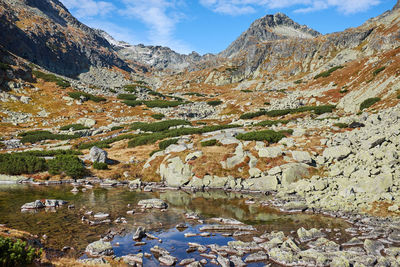 Scenic view of lake and mountains against sky