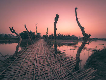 Driftwood by lake against sky during sunset