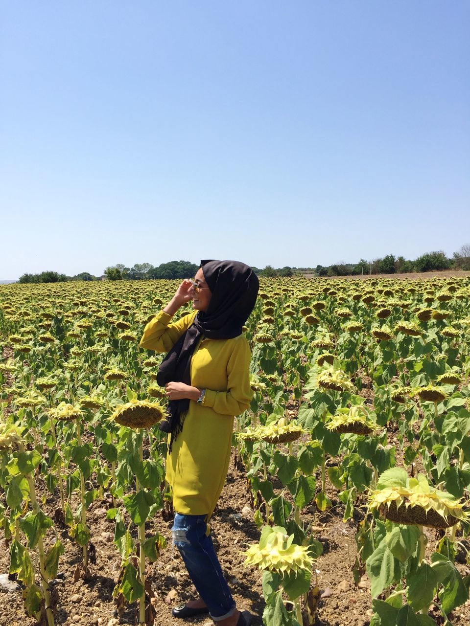 field, clear sky, agriculture, lifestyles, leisure activity, casual clothing, yellow, rural scene, growth, landscape, rear view, standing, farm, nature, copy space, crop, beauty in nature, plant