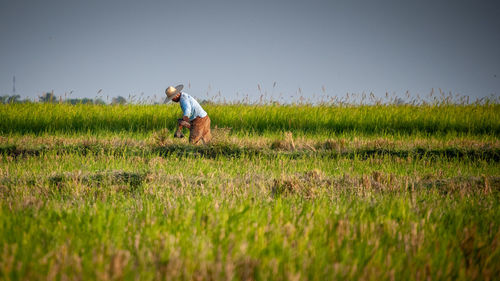 Full length of man standing in farm against sky