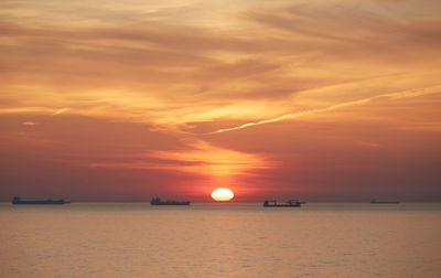 Commercial ships anchored at sea at sunset.