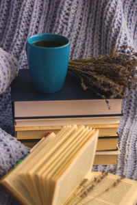 Close-up of coffee cup on table at home