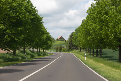 Road amidst trees and buildings against sky