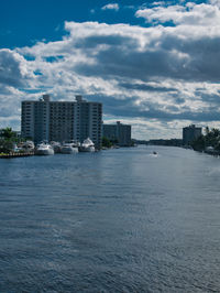 Sea by buildings against sky in city