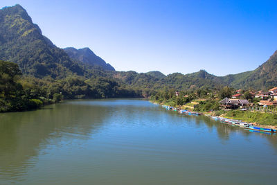 Scenic view of lake against clear blue sky