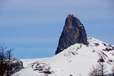 Low angle view of snowcapped mountain against sky