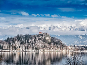 Scenic view of lake against sky during winter