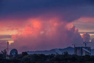 Silhouette buildings against dramatic sky during sunset